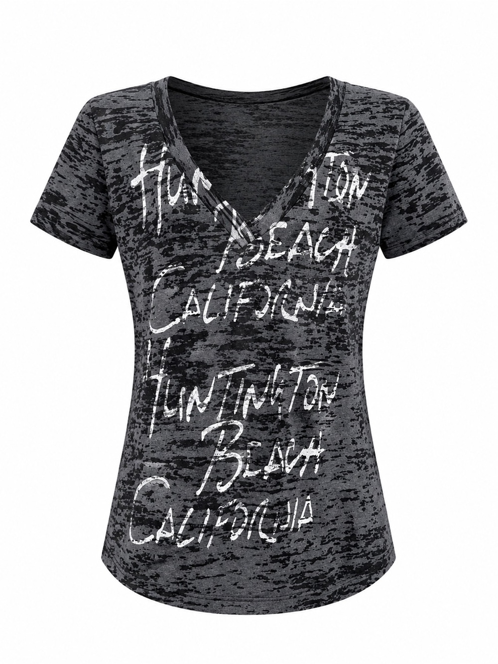 Woman’s Black Graphic V-Neck L Huntington Beach California Casual T-Shirt